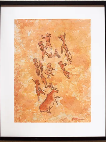 Prehistoric man wall art | Original Pastel and Watercolor Artwork Ancient Cave Painting Style | Hunters Prehistoric art | Handmade Artwork | Deer hunting stylization of rock art | Drawings of a prehistoric man $115.00