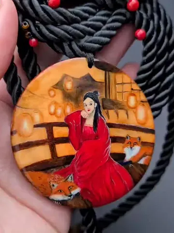 Kitsune necklace real oil painting miniature on jasper One of a kind Present OOA $120.00