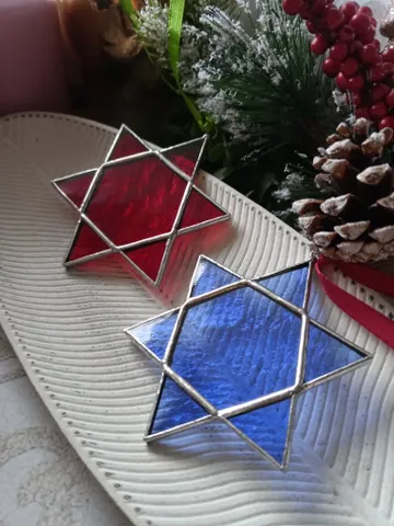 Set of 2 merkaba Red blue snowflake suncatcher, new year tree toy,  seals of Solomon star car hanger