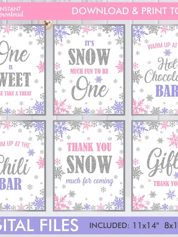 Winter Onederland Signs, Winter Onederland Birthday Girl Decorations, Pink Purple Silver Snowflakes Birthday Decorations Instant Download $10.00