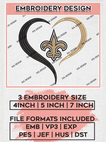 New Orleans Saints Heart Embroidery Designs, NFL Saints, NFL Embroidery Designs, NFL New Orleans Saints Machine Embroidery Design, Digital Download $6.99