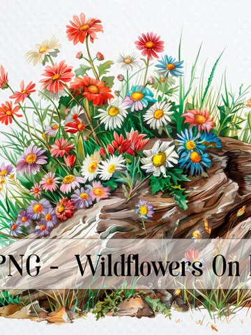 12 Wildflowers On Log png Clipart, Wild Flowers png, Printable Watercolor Wildflowers clipart for sublimation, Paper craft, junk journal $2.64