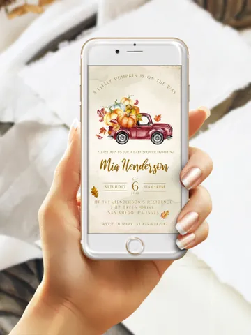 Red Truck with Pumpkins Invitation; Little pumpkin is on the way; Red Truck Pumpkin Harvest Baby Shower; Smartphone Digital Invitation DIY $10.98