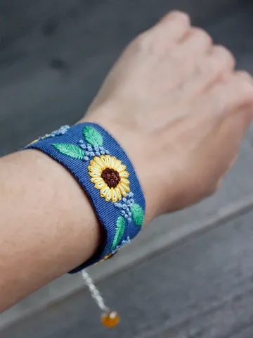 Blue yellow sunflower cuff bracelet for women Wide textile wrist band Boho cloth floral wristlet Ukraine jewelry $42.00