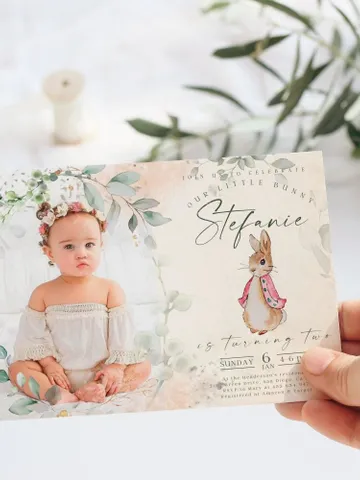Peter Rabbit First Birthday Invite; Photo Baby Birthday Invitation template; Our little bunny turning one; Girl bunny birthday invitation $12.78