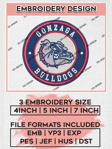 NCAA Gonzaga Bulldogs Round Logo Embroidery, NCAA Gonzaga Bulldogs Embroidery Design files, NCAA Teams, NCAA Machine embroidery designs, Digital Download