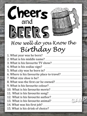 Cheers and beers How well do you know the birthday boy,Birthday Games for Him,Adult Birthday Games $1.75