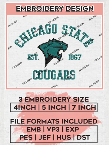 Chicago State Cougars Est 1867 Embroidery Designs, NCAA Chicago State Cougars Team Embroidery, NCAA Team Logo, 3 sizes, Machine embroidery Files, Digital Download $6.99