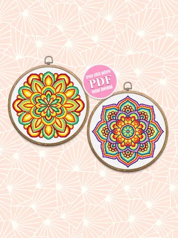 Colorful mandala set cross stitch pattern download PDF, Floral ornament cross stitch chart, Mandala digital PDF, Bright mandala pattern #S7 $7.70