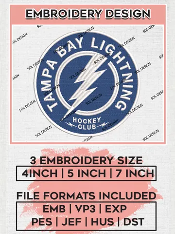 Tampa Bay Lightning Hockey Club Logo Embroidery Design, NHL Tampa Bay Lightning Logo Embroidery Files, Hockey Team Machine Embroidery, Machine Embroidery Design $6.99
