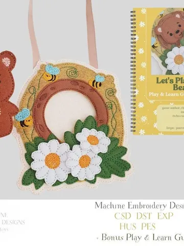Bear Handbag Machine Embroidery Design ITH + Play Guide PDF, Felt Window Purse Pattern, Toddler Activity, Forest Animal Toy $10.00