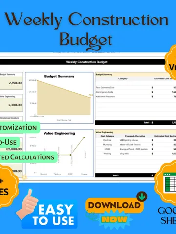 Weekly Construction Budget Template, Project Expense Tracker, Contractor Cost Planner, Construction Finance Spreadsheet $6.90