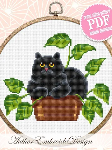 Black cat and plants cross stitch pattern PDF download House plant cross stitch chart, Funny cat pattern digital PDF, Cat lover gift #K45 $4.50