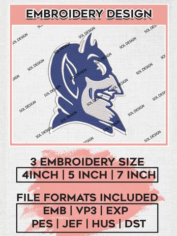 Duke Blue Devils Mascot Embroidery Designs, NCAA Logo Embroidery Files, NCAA Duke Blue Devils Logo, NCAA Embroidery Designs, Machine Embroidery Designs, Digital Download $6.99