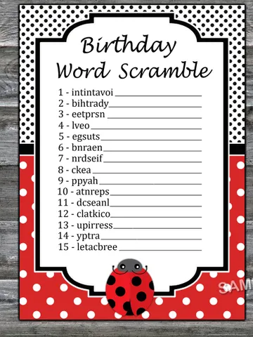 Ladybug Birthday Word Scramble Game,Adult Birthday party game-fun games for her-Instant download $1.75