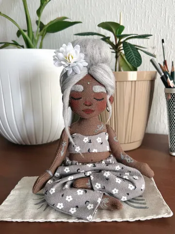 Textile doll yoga girl with gray hair and tattoo $120.00
