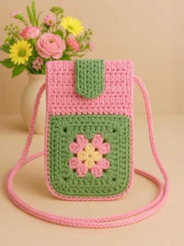 Granny Square Flower Crochet Phone Bag PDF Pattern – Cute Pink Green Crossbody Pouch Tutorial – DIY Floral Mobile Purse Pattern $5.40