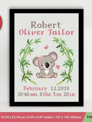 Koala Birth announcement cross stitch pattern, baby, personalized, boy girl nursery decor, counted, chart, gift DIY, embroidery, instant PDF $6.80