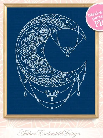 Crescent moon blackwork pattern PDF download Mandala moon embroidery PDF, Backstitch chart Moon ornament, Mandala blackwork embroidery #W32 $4.60